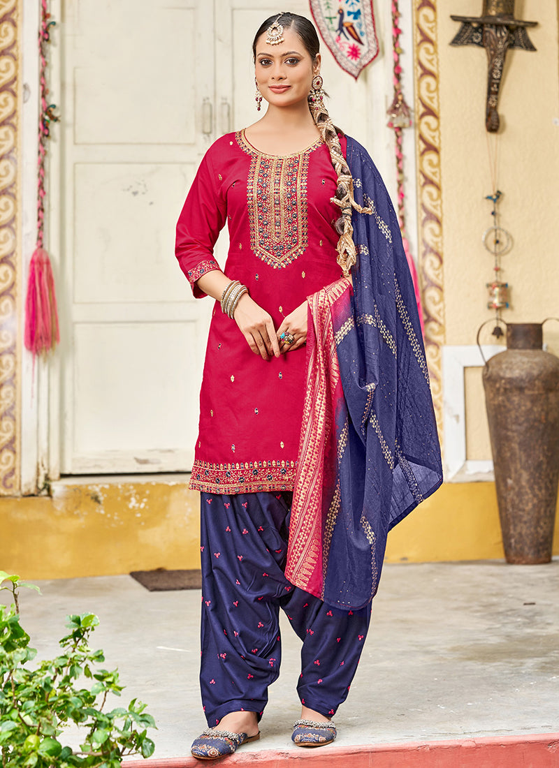 Gadhwal Silk Multi Color Festival Wear Embroidery Work Readymade Patiyala Suit 385802