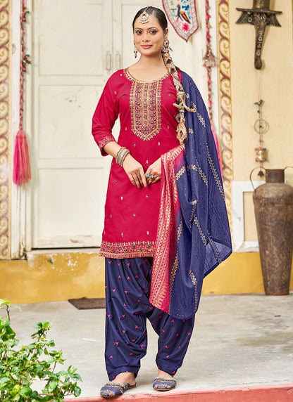 Gadhwal Silk Multi Color Festival Wear Embroidery Work Readymade Patiyala Suit 385802