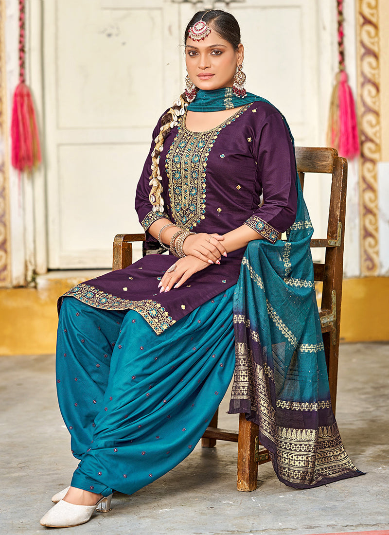 Gadhwal Silk Multi Color Festival Wear Embroidery Work Readymade Patiyala Suit 385803