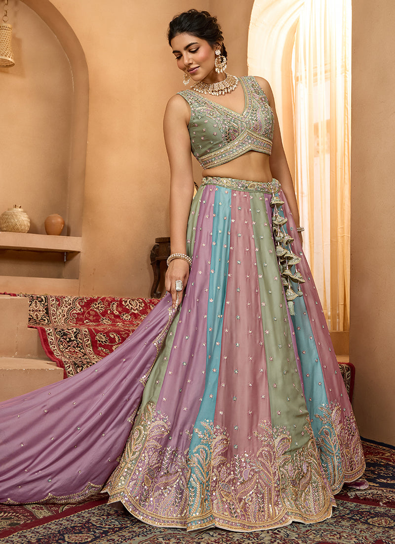 Georgette Multi Color Designer Wear Embroidery Work Lehenga Choli 385393