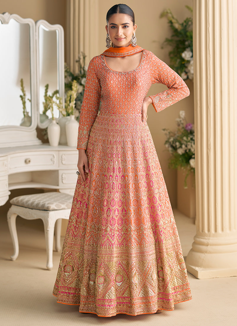 Georgette Multi Color Wedding Wear Embroidery Work Readymade Anarkali Suit 385164