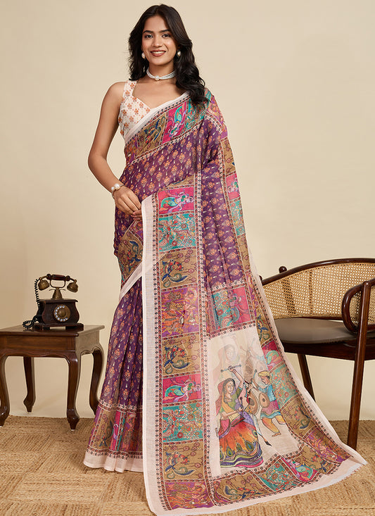 Linen Cotton Multi Color Saree with Digital Print Work for Daily Wear 383317