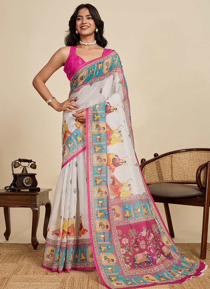 Linen Cotton Multi Color Saree with Digital Print Work for Daily Wear 383318