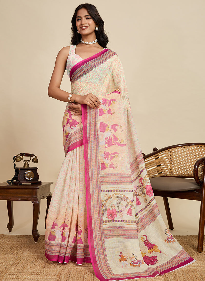 Linen Cotton Multi Color Saree with Digital Print Work for Daily Wear 383319