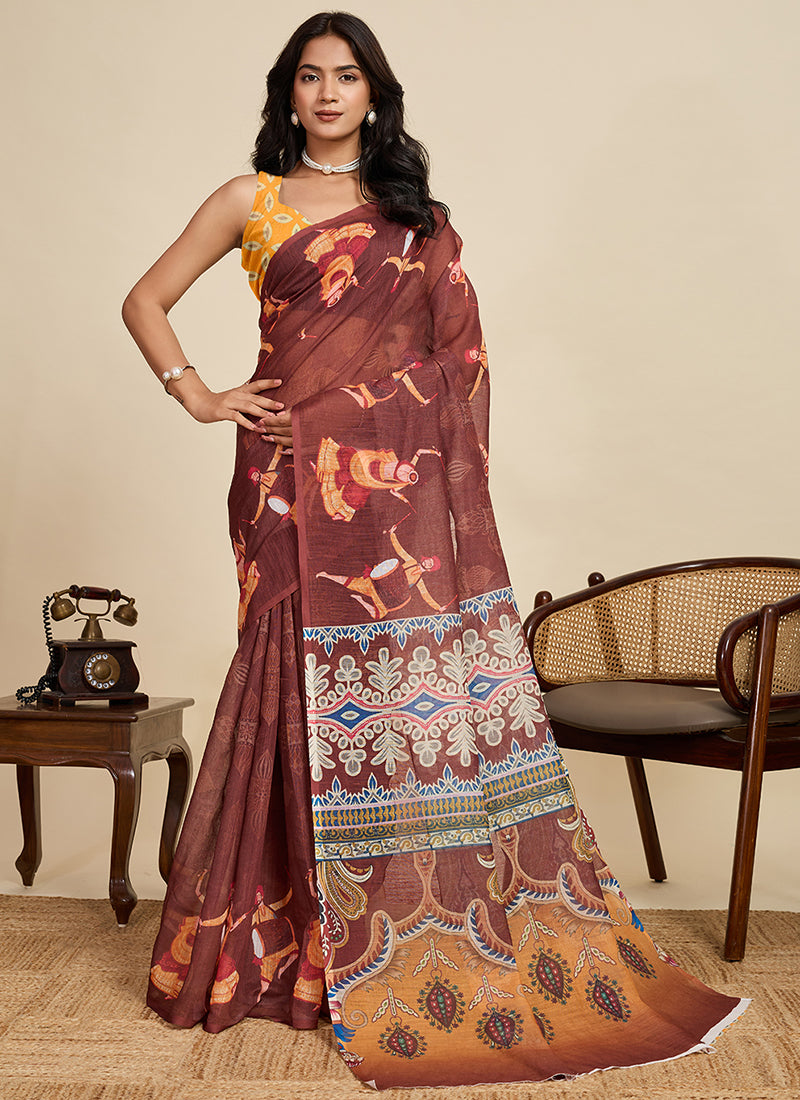 Linen Cotton Multi Color Saree with Digital Print Work for Daily Wear 383320