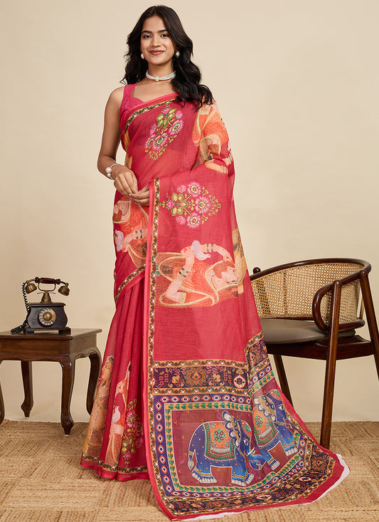 Linen Cotton Multi Color Saree with Digital Print Work for Daily Wear 383321