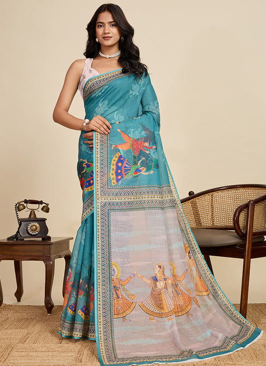 Linen Cotton Multi Color Saree with Digital Print Work for Daily Wear 383322