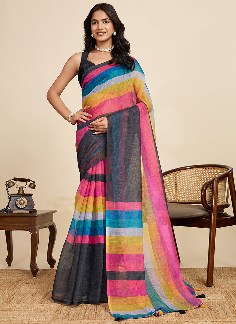 Linen Cotton Multi Color Saree with Digital Print Work for Daily Wear 383324
