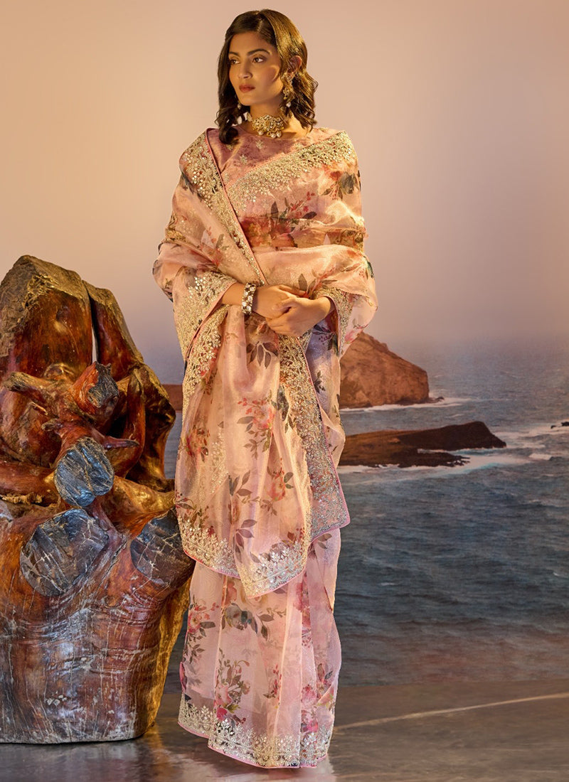 Organza Multi Color Saree with Digital Print for Bridal Wear 380778