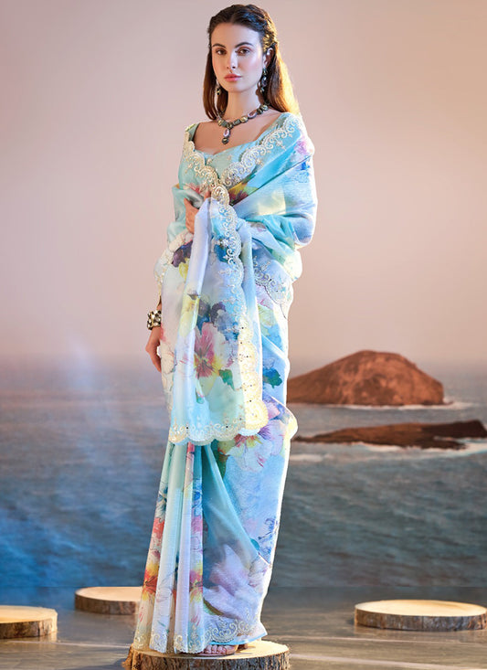 Organza Multi Color Saree with Digital Print for Bridal Wear 380780