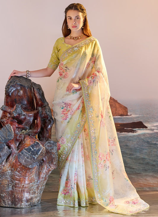 Organza Multi Color Saree with Digital Print for Bridal Wear 380783
