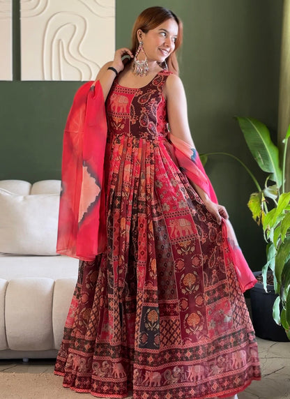 Multi Color Organza Printed Work Party Wear Readymade Gown With Dupatta SW683723