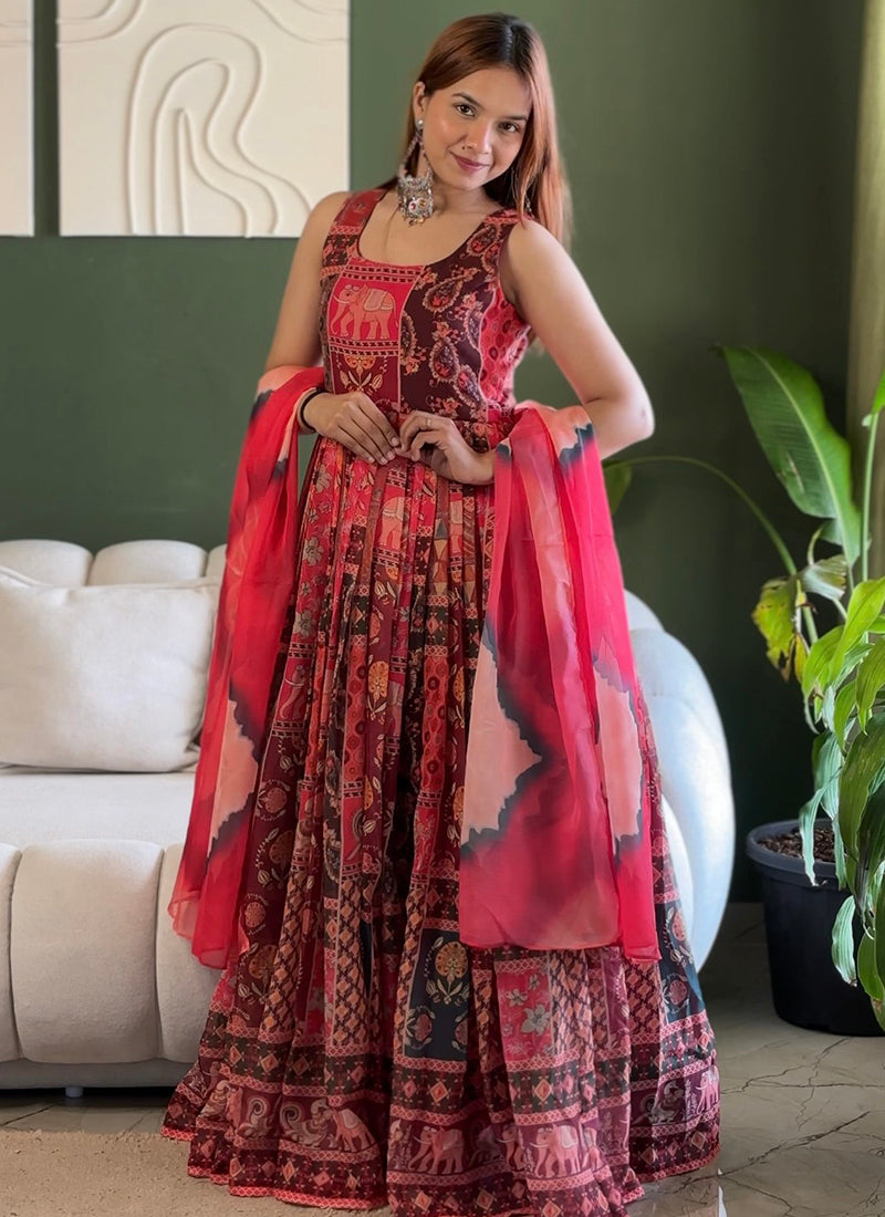 Multi Color Organza Printed Work Party Wear Readymade Gown With Dupatta SW683723