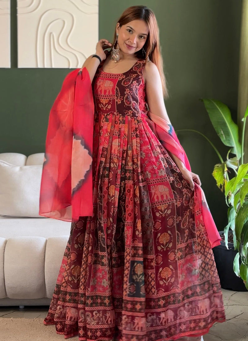 Multi Color Organza Printed Work Party Wear Readymade Gown With Dupatta SW683723