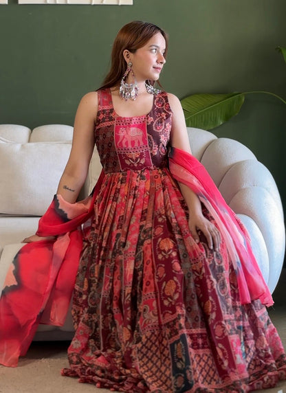 Multi Color Organza Printed Work Party Wear Readymade Gown With Dupatta SW683723