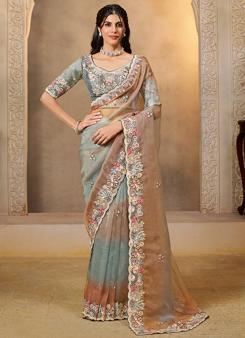 Organza Multi Color Wedding Wear Embroidery Work Saree 386121