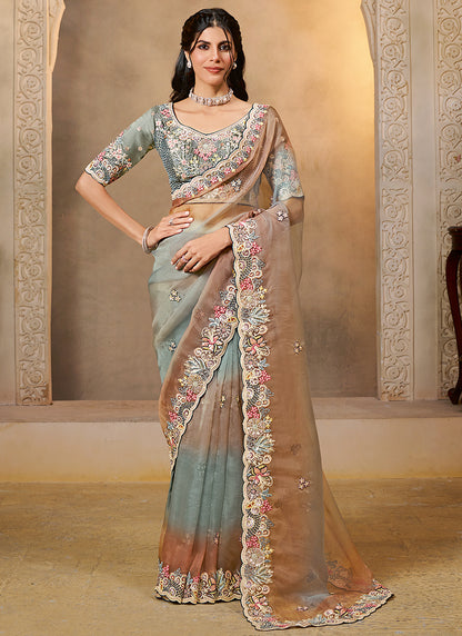 Organza Multi Color Wedding Wear Embroidery Work Saree 386121