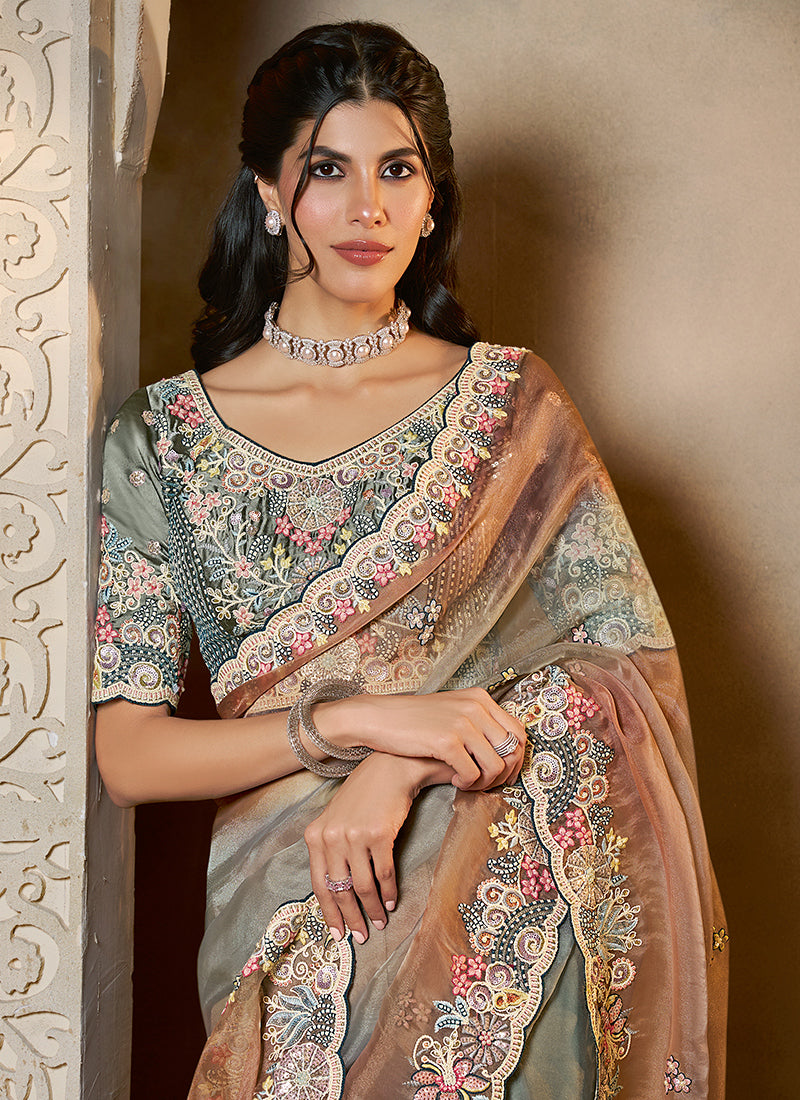 Organza Multi Color Wedding Wear Embroidery Work Saree 386121