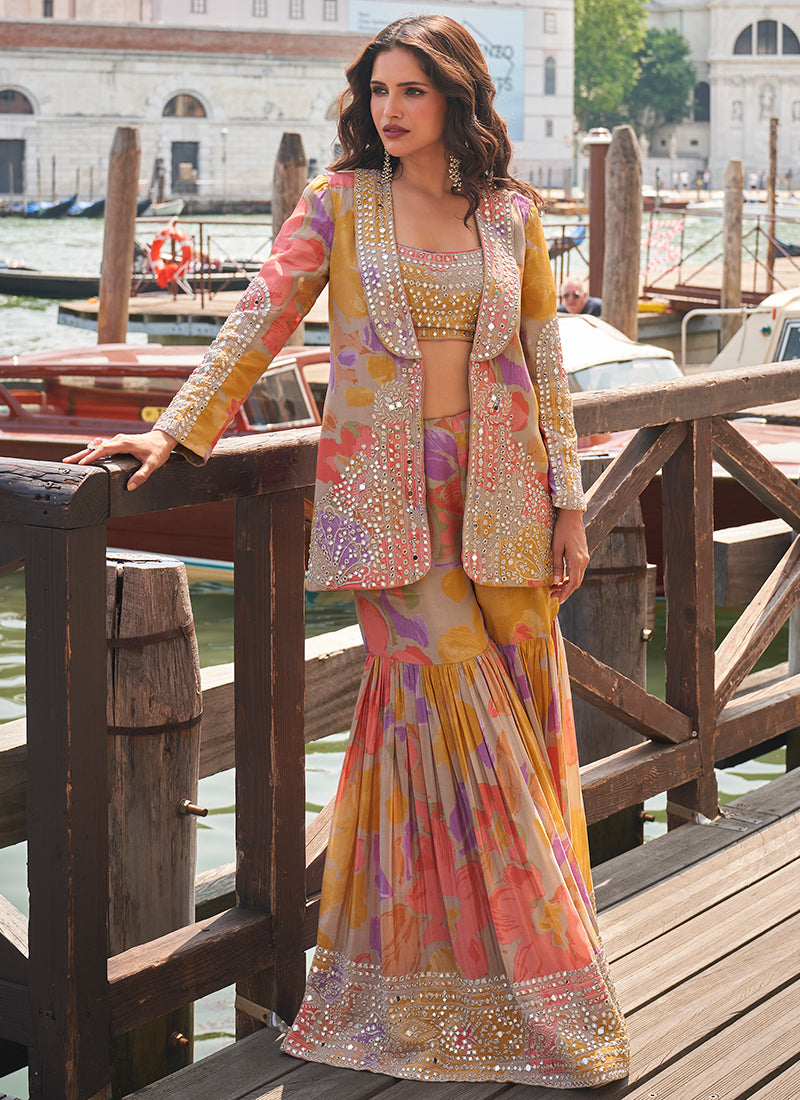 Premium Chinon Silk Multi Color Wedding Wear Embroidery Work Readymade Gharara Suit 388440