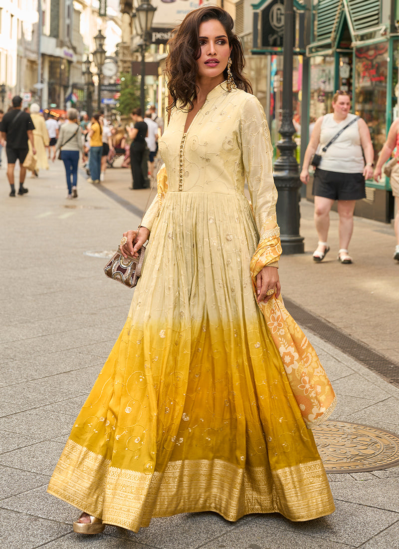 Real Shimmer Silk Multi Color Festival Wear Embroidery Work Readymade Anarkali Suit 387221