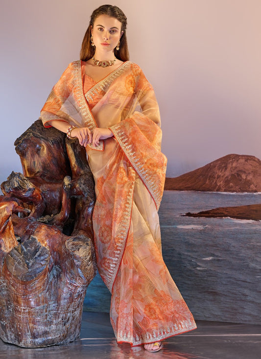 Satin Chiffon Crush Multi Color Saree with Digital Print for Bridal Wear 380781