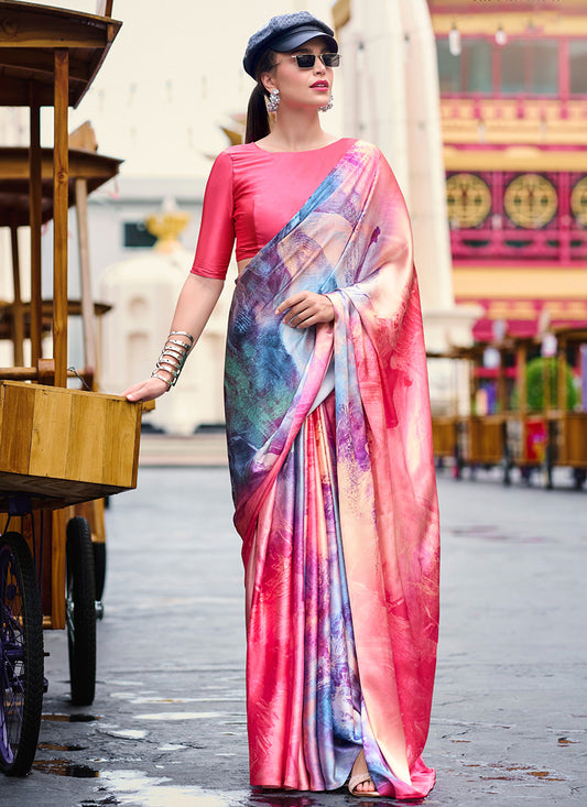 Satin Crape Multi Color Designer Wear Digital Print Work Saree 385605
