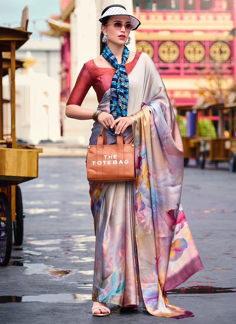 Satin Crape Multi Color Designer Wear Digital Print Work Saree 385606