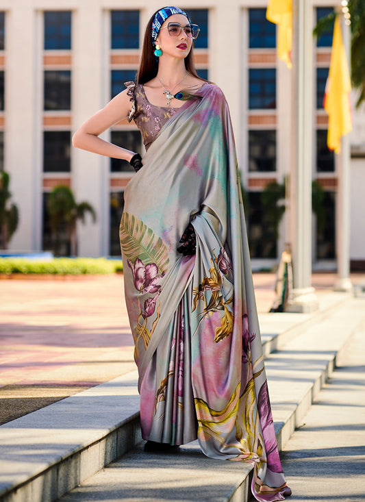 Satin Crape Multi Color Designer Wear Digital Print Work Saree 385611