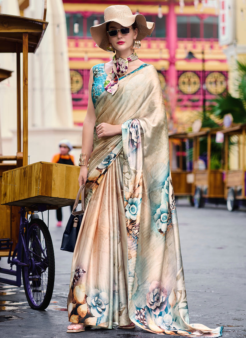 Satin Crape Multi Color Designer Wear Digital Print Work Saree 385614
