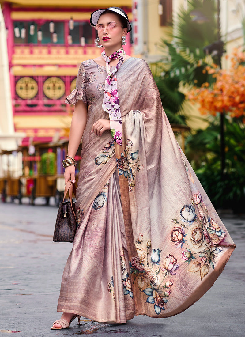 Satin Crape Multi Color Designer Wear Digital Print Work Saree 385616