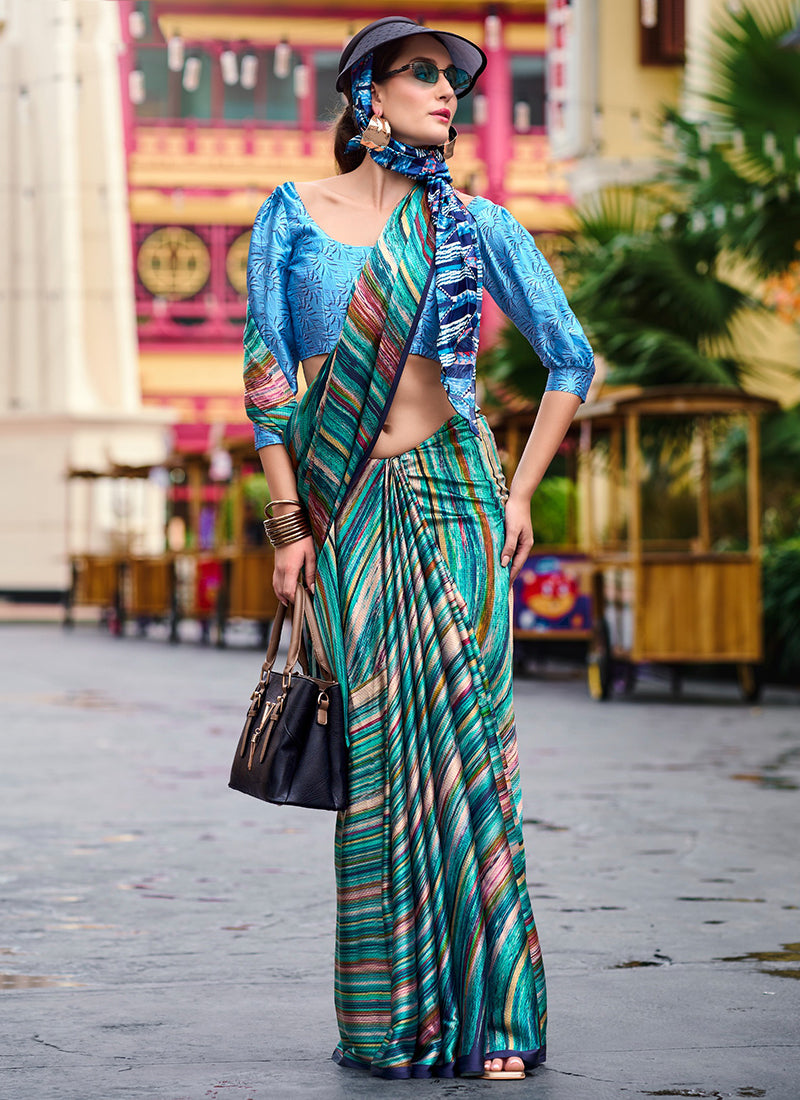 Satin Crape Multi Color Designer Wear Digital Print Work Saree 385617