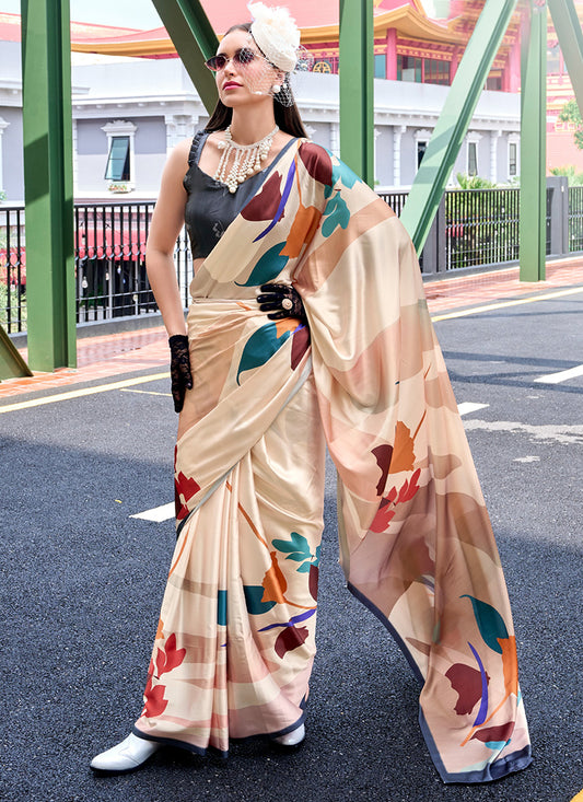 Satin Crape Multi Color Designer Wear Digital Print Work Saree 385618