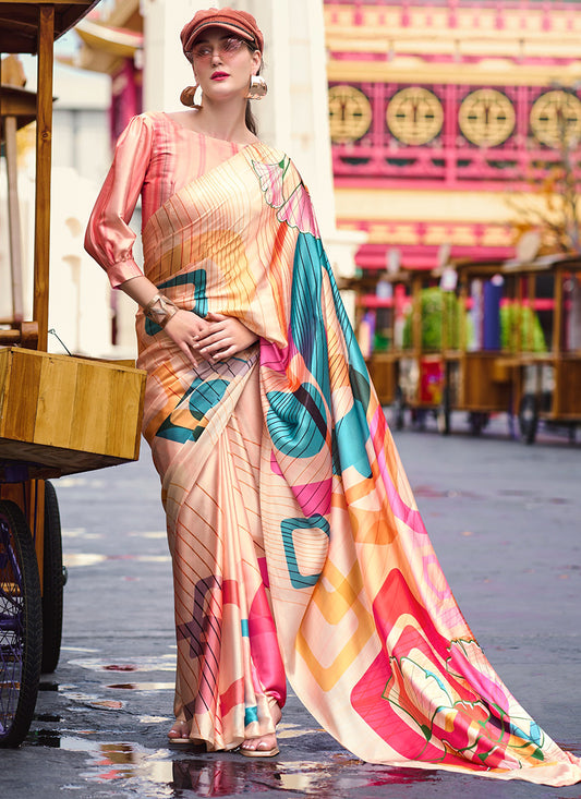 Satin Crape Multi Color Designer Wear Digital Print Work Saree 385620