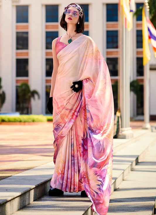 Satin Crape Multi Color Designer Wear Digital Print Work Saree 385622