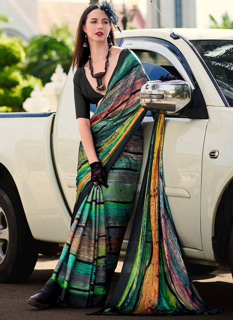 Satin Crape Multi Color Designer Wear Digital Print Work Saree 385623