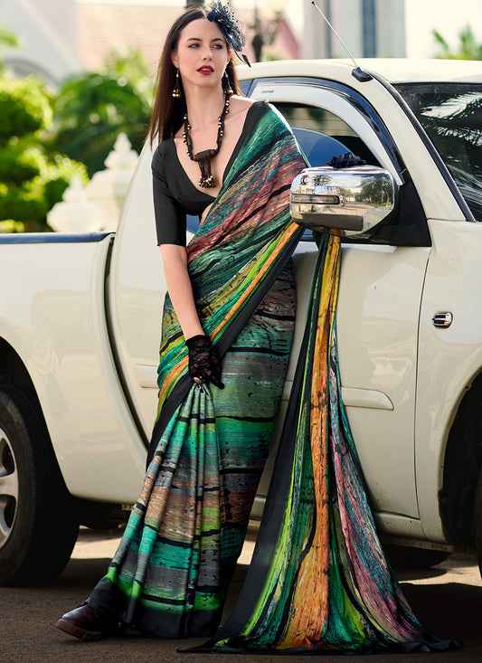 Satin Crape Multi Color Designer Wear Digital Print Work Saree 385623