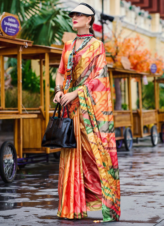 Satin Crape Multi Color Designer Wear Digital Print Work Saree 385625