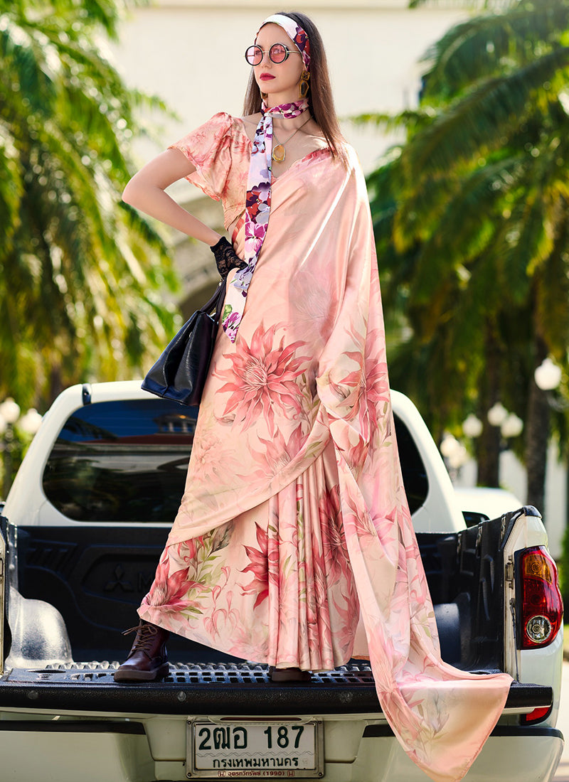 Satin Crape Multi Color Designer Wear Digital Print Work Saree 385626