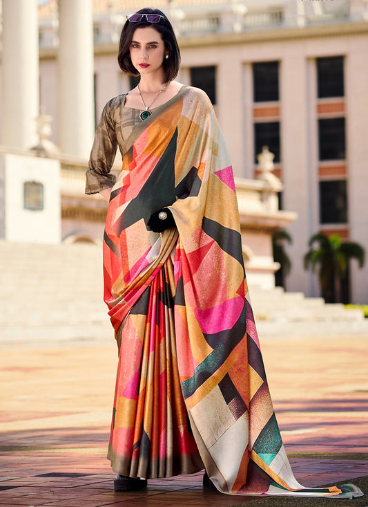 Satin Crape Multi Color Designer Wear Digital Print Work Saree 385628