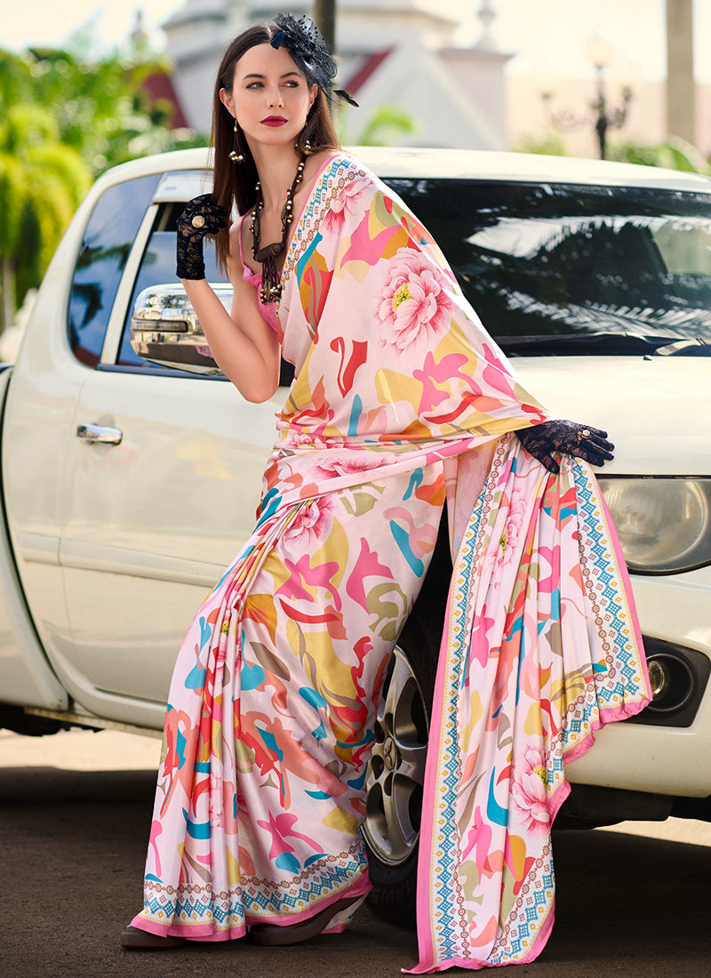 Satin Crape Multi Color Designer Wear Digital Print Work Saree 385600