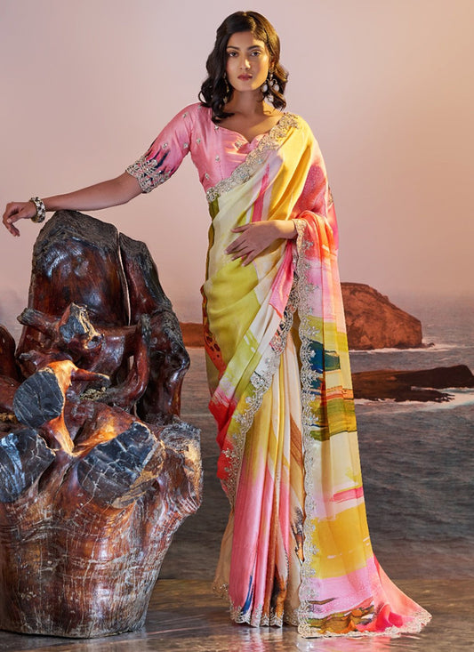 Satin Multi Color Saree with Digital Print for Bridal Wear 380777