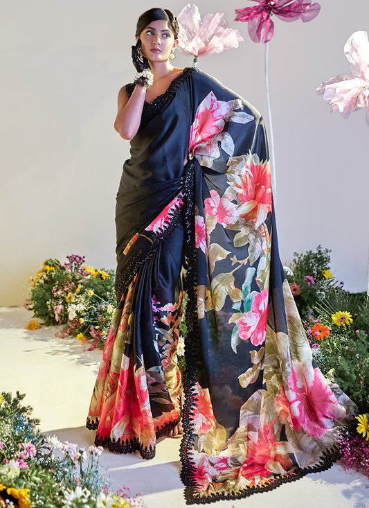 Satin Silk Multi Color Saree with Digital Print Work for Festival Wear 381841