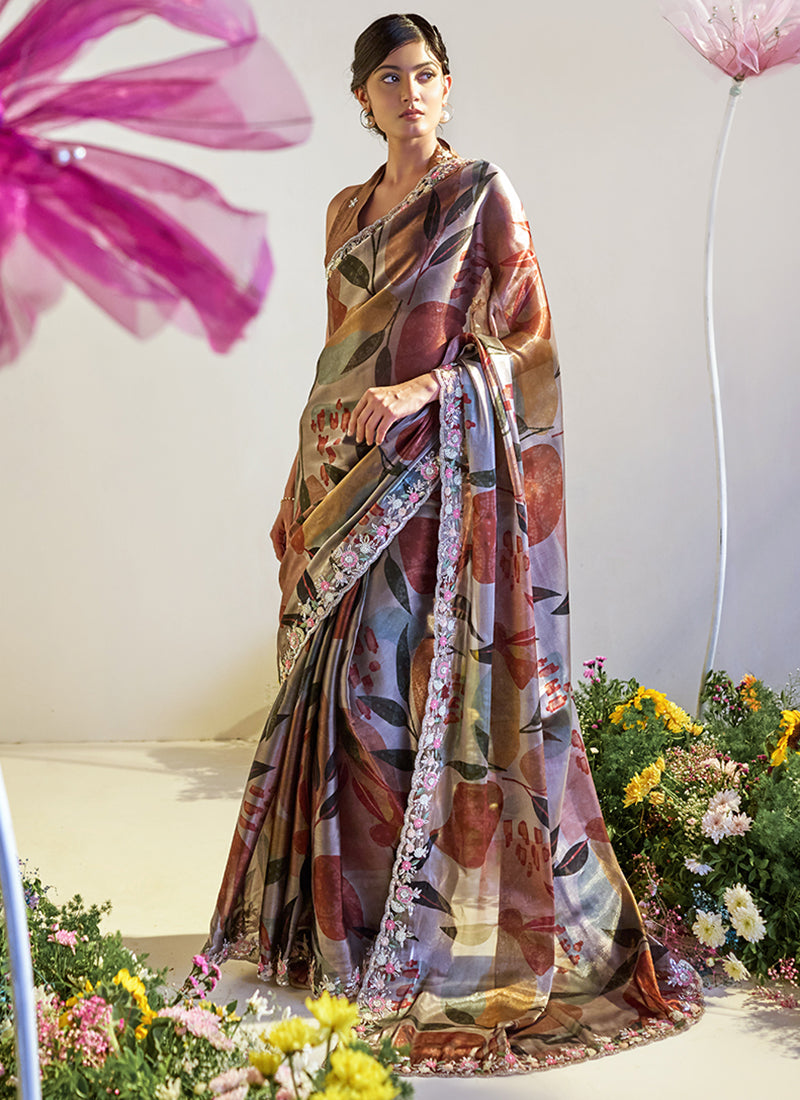 Satin Silk Multi Color Saree with Digital Print Work for Festival Wear 381844