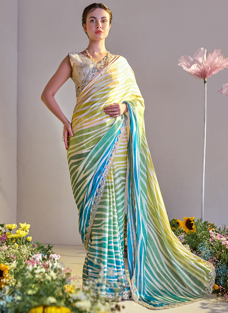 Satin Silk Multi Color Saree with Digital Print Work for Festival Wear 381847