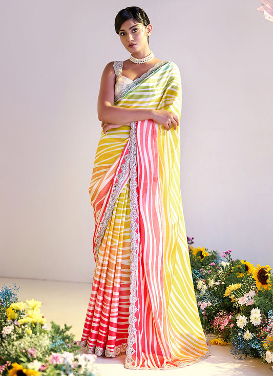 Satin Silk Multi Color Saree with Digital Print Work for Festival Wear 381846