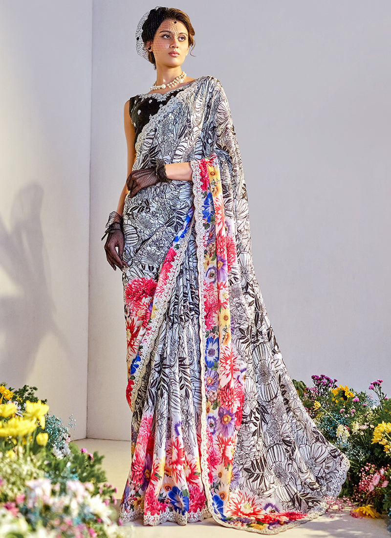 Satin Silk Multi Color Saree with Digital Print Work for Festival Wear 381848