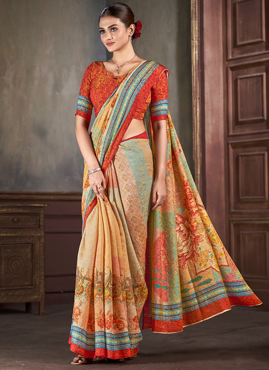 Silk Multi Color Saree with Digital Print Work for Daily Wear 381855