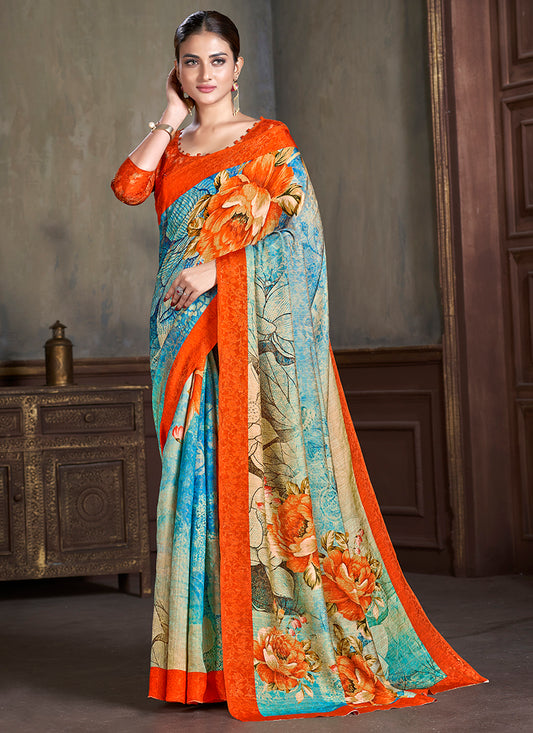 Silk Multi Color Saree with Digital Print Work for Daily Wear 381860