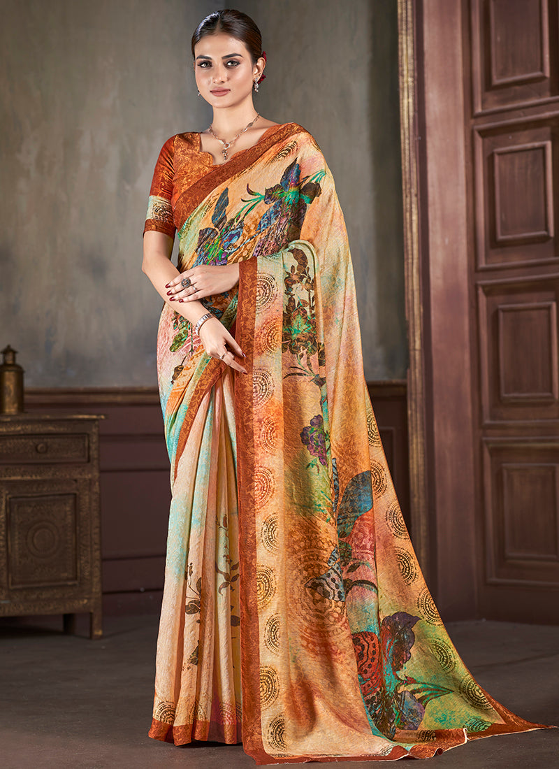 Silk Multi Color Saree with Digital Print Work for Daily Wear 381866