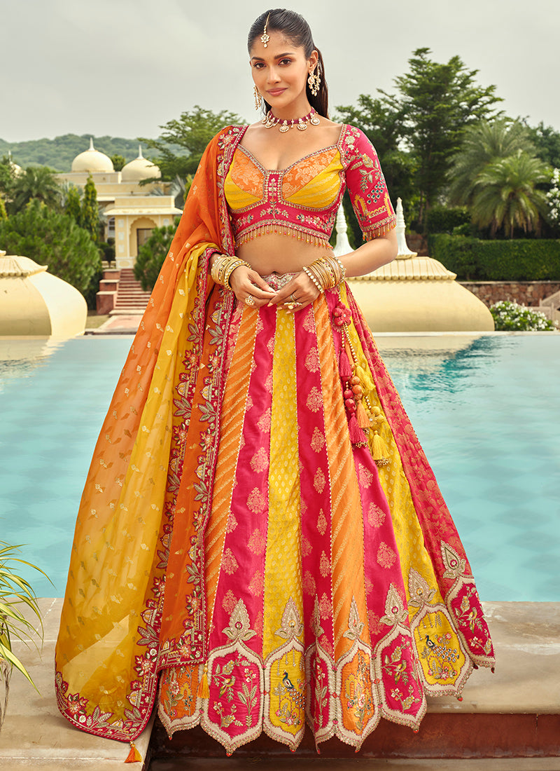 Silk Multi Color Wedding Wear Heavy Embroidery Cut Work Readymade Lehenga Choli 386499